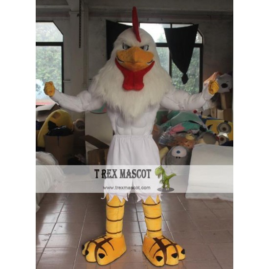 Adult White Rooster With Strong Muscle Mascot Costume Adult White Rooster With Strong Muscle Mascot Costume