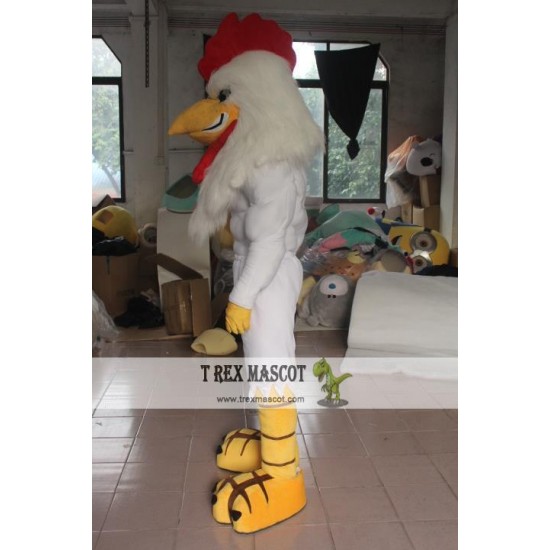 Adult White Rooster With Strong Muscle Mascot Costume Adult White Rooster With Strong Muscle Mascot Costume