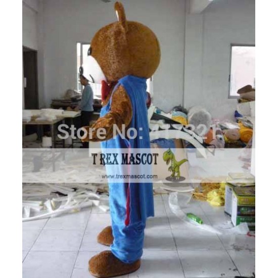 Brown Teddy Bear In A Blue Cloak Mascot Costume Adult Bear Mascot Brown Teddy Bear In A Blue Cloak Mascot Costume Adult Bear Mascot